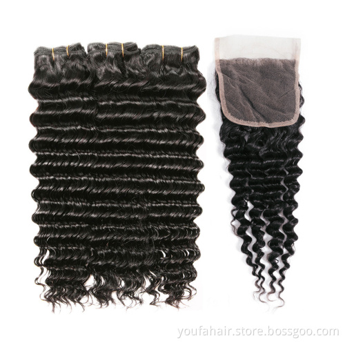 12A Unprocessed Raw Indian Virgin Human Hair Cuticle Aligned Double Drawn Deep Wave 3 Bundles with Closure Hair Extension Vendor